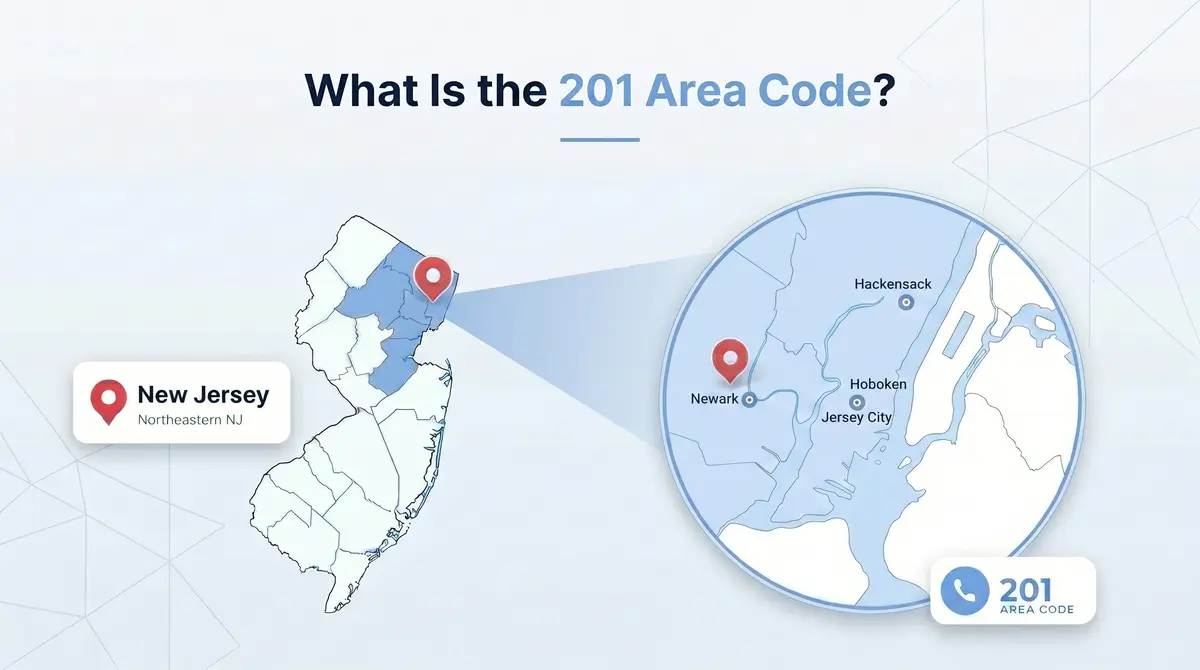 201 area code coverage map showing Hudson County and Bergen County in northeastern New Jersey