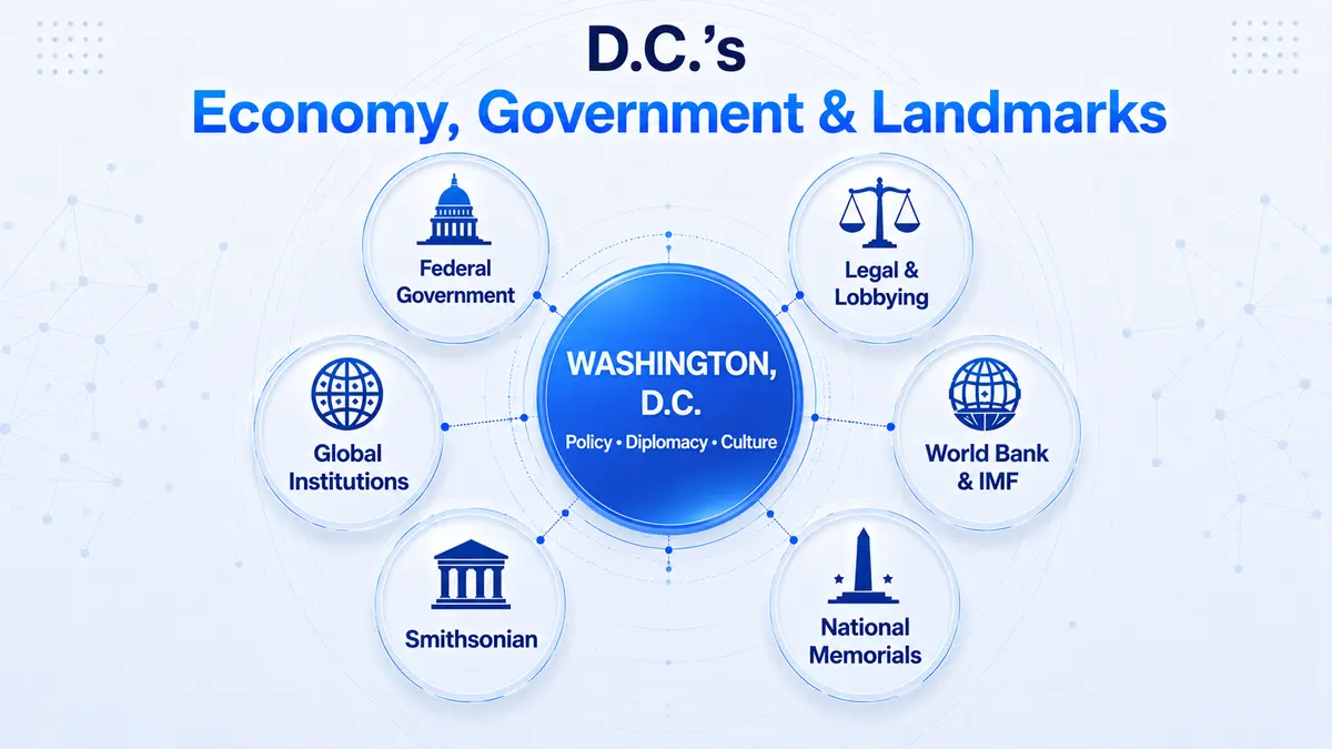 Washington D.C. skyline with the Capitol Building — government institutions and major employers in the 202 calling region