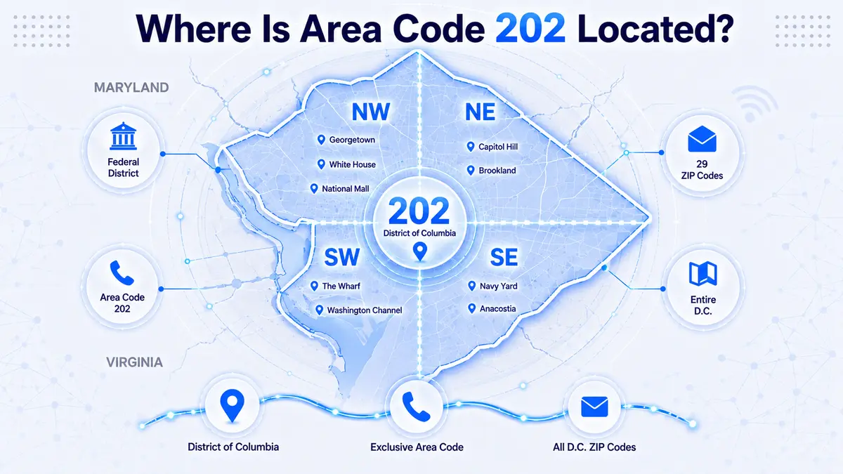 Area code 202 location map — Washington D.C. and its four quadrants: Northwest, Northeast, Southeast, and Southwest