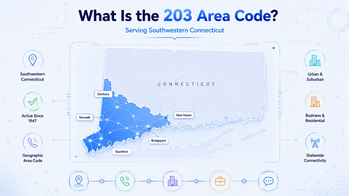 What is the 203 area code — infographic showing southwestern Connecticut telephone prefix (+1 203) serving business calls, home calls, local contacts, and regional connectivity across Fairfield and New Haven counties
