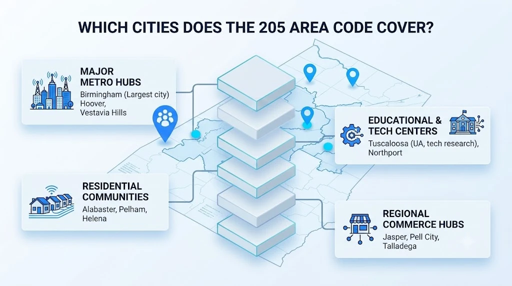 Cities and communities covered by the 205 area code in central Alabama