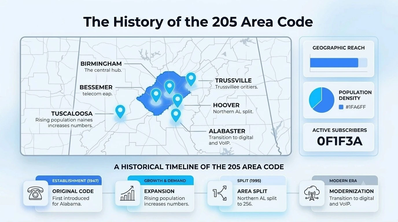 History of the 205 area code from 1947 to the 2019 659 overlay