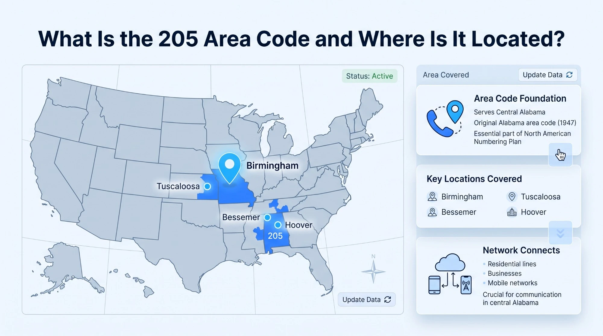 Map showing the 205 area code location across central and west-central Alabama