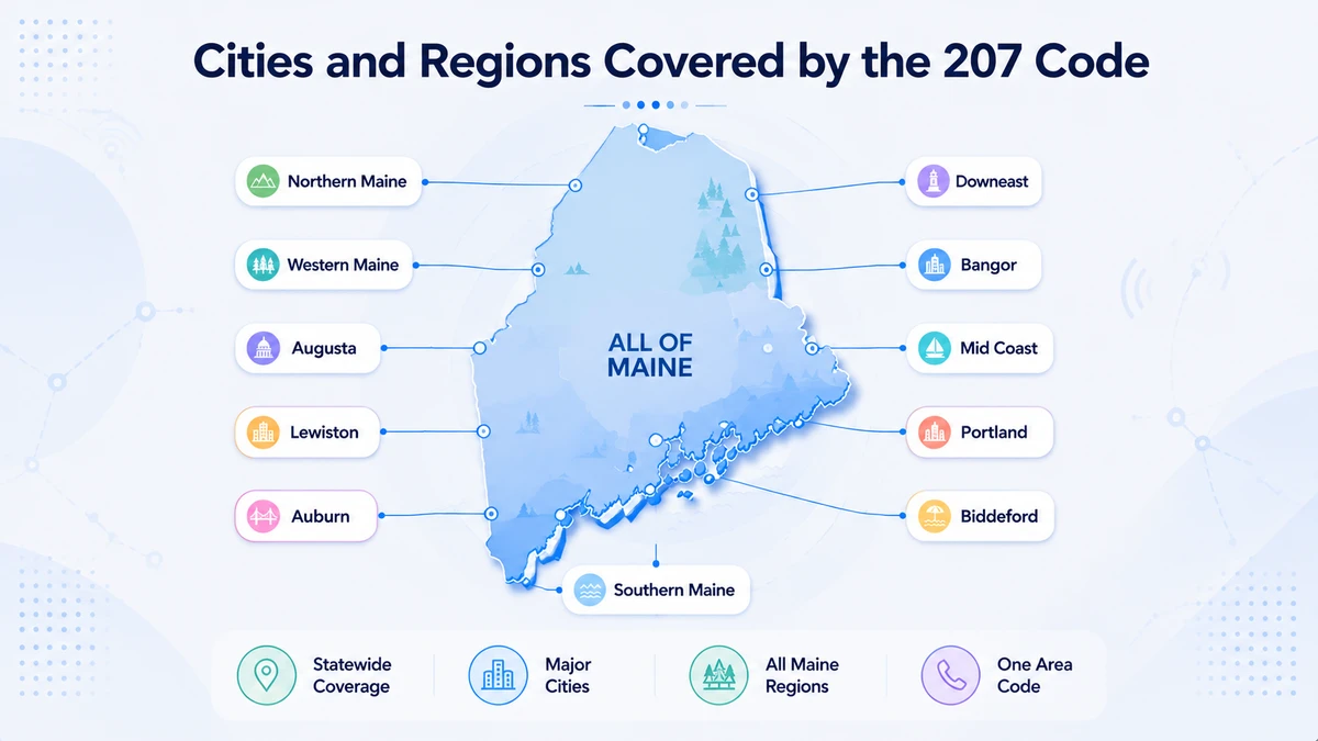 Map of Maine's cities and regions served by the 207 code — southern Maine coast, midcoast, Kennebec Valley, western mountains, Penobscot region, and Aroostook County