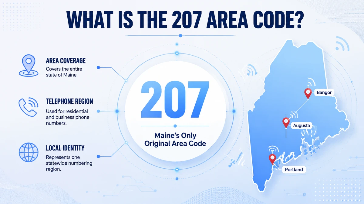 What is the 207 area code — infographic showing Maine telephone prefix (+1 207) serving business calls, home calls, local contacts, and regional connectivity across all 16 counties