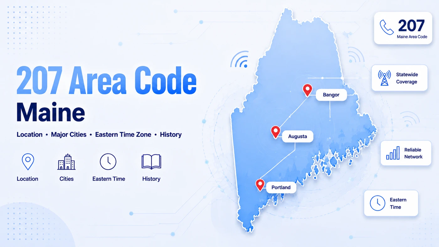 207 area code — Maine state map showing Portland, Bangor, Augusta, and Lewiston as the only telephone prefix serving the entire state