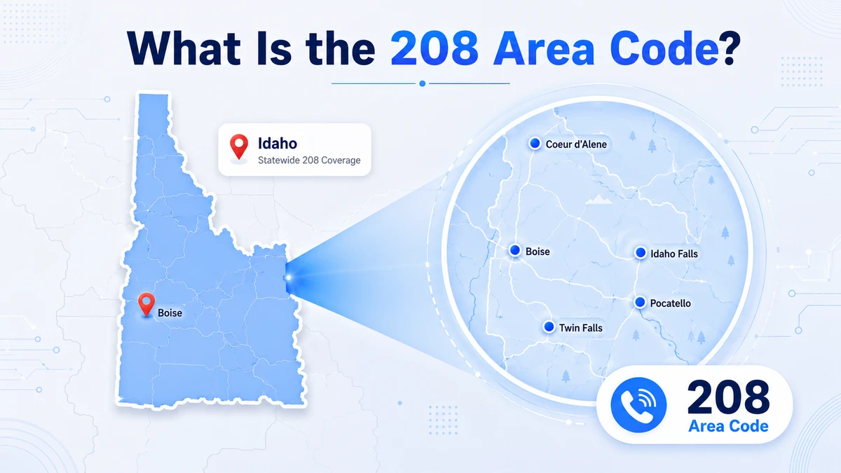 What is the 208 area code — infographic showing Idaho telephone prefix (+1 208) serving business calls, home calls, local contacts, and regional connectivity across Boise, Nampa, Coeur d'Alene, and Idaho Falls