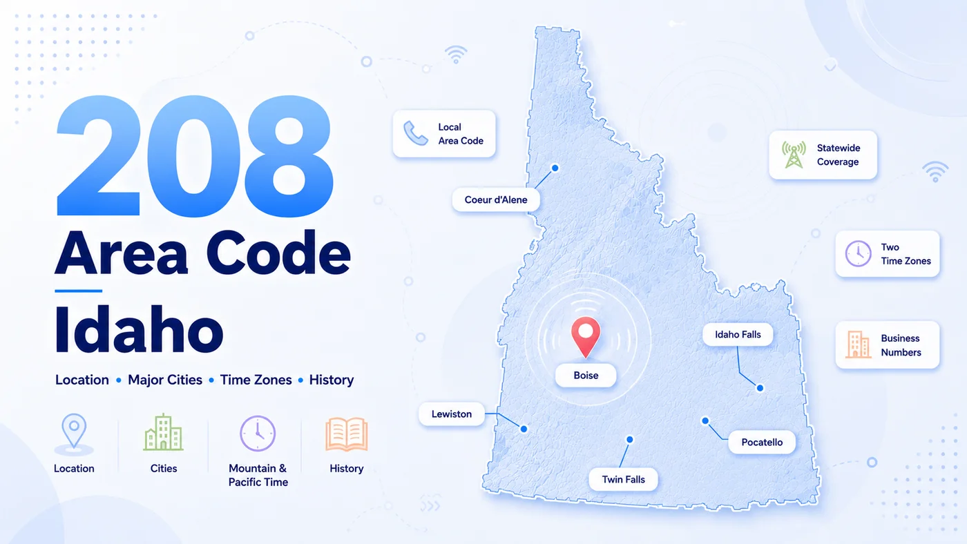 208 area code — Idaho state map showing Boise, Nampa, Coeur d'Alene, and Idaho Falls with the Mountain-Pacific time zone boundary across the northern panhandle