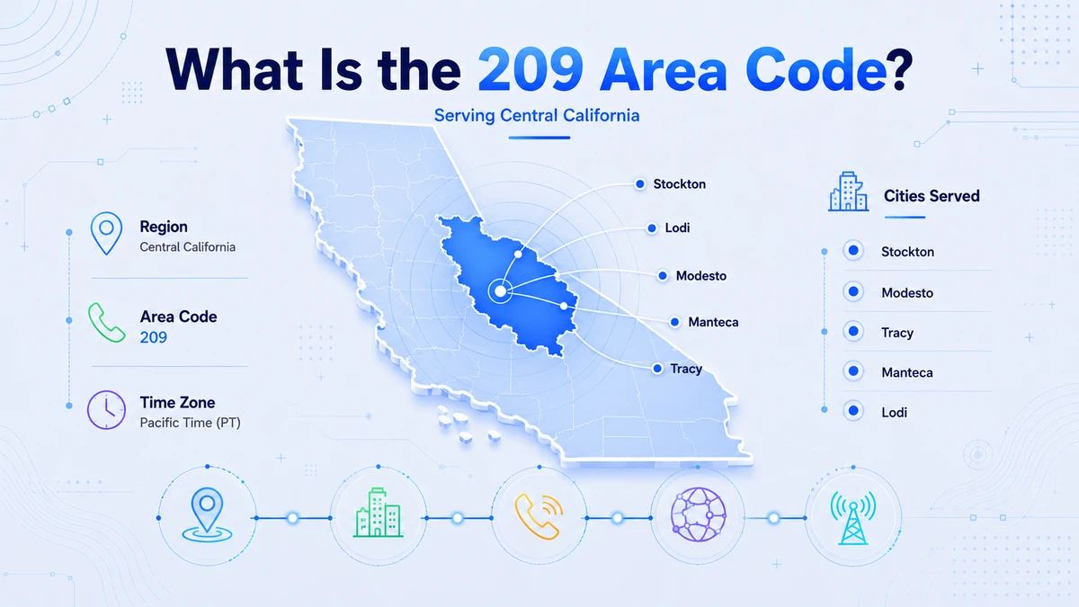 What is the 209 area code — serving Central California, region, area code, time zone, and cities served including Stockton, Lodi, Modesto, Manteca, and Tracy