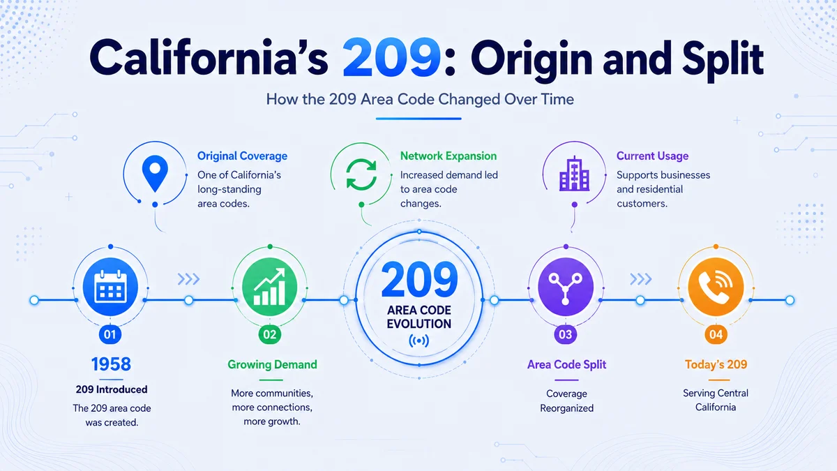 Timeline of California's 209 telephone prefix — from the 1984 split from area code 415 to the 1999 creation of 559 for the Fresno area