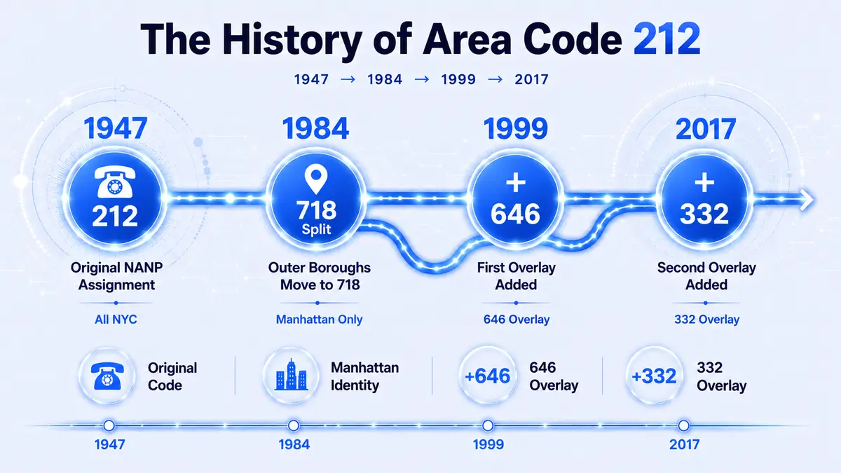 Timeline of the 212 area code history from 1947 through the 646 and 332 overlays