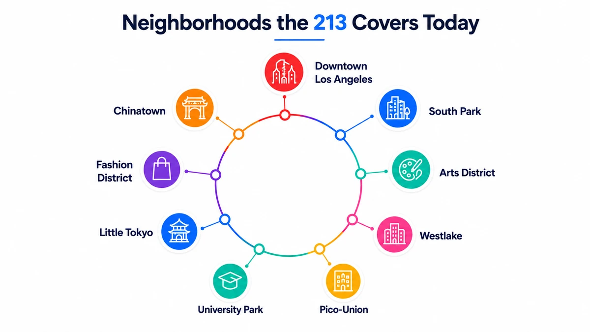213 area code neighborhoods — Koreatown, Arts District, Pico-Union, Boyle Heights, and Downtown Los Angeles