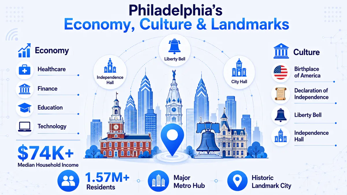 Philadelphia skyline and business district — economy, landmarks, and major employers in the 215 calling region