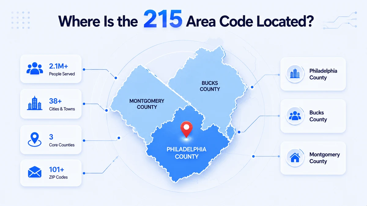Area code 215 location map — southeastern Pennsylvania covering Philadelphia, Bucks County, and Montgomery County