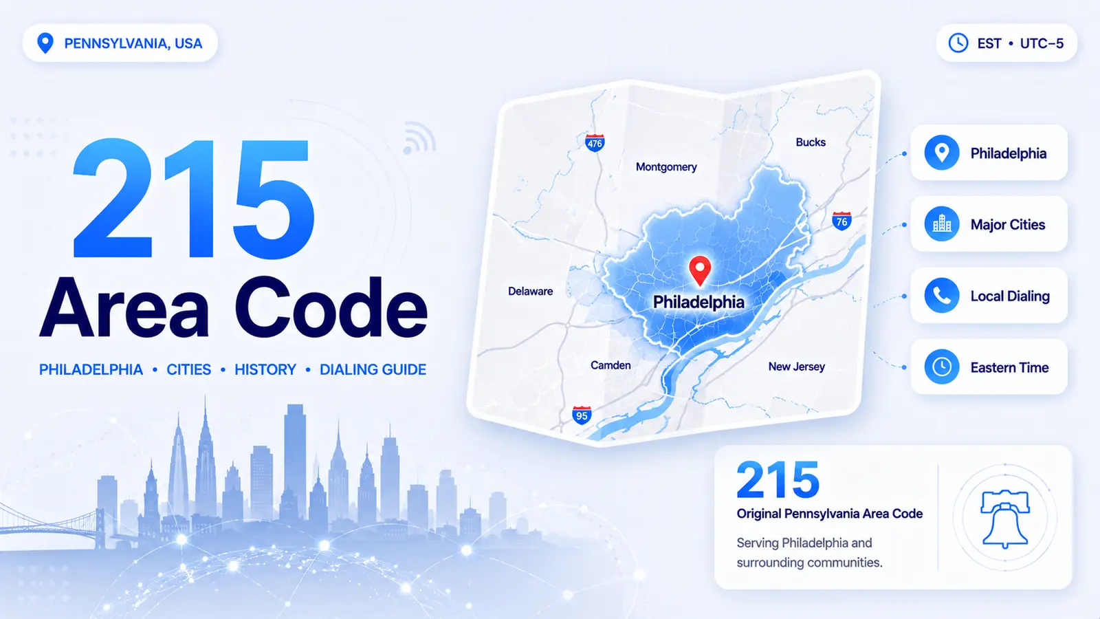 Philadelphia area code 215 — southeastern Pennsylvania map covering Philadelphia, Bucks County, and Montgomery County