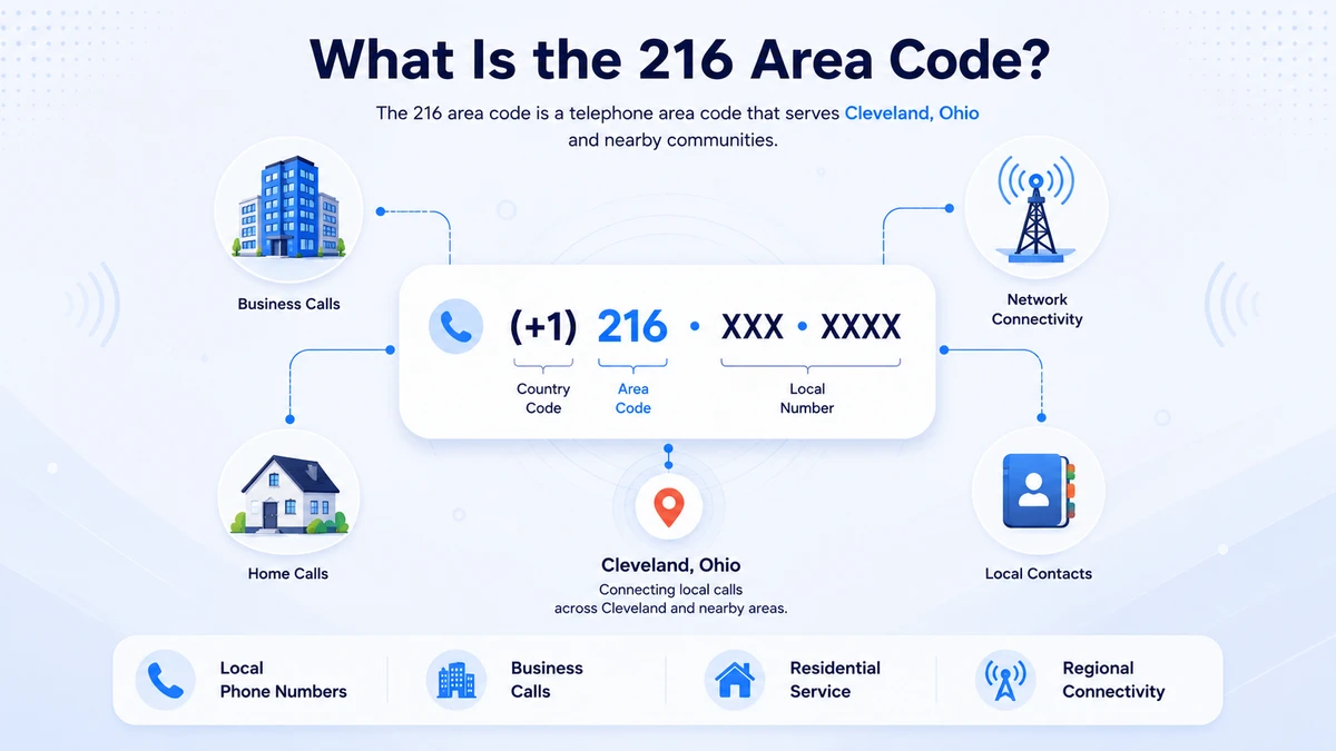 What is the 216 area code — infographic showing Cleveland Ohio area code (+1) 216 serving business calls, home calls, local contacts, and regional connectivity