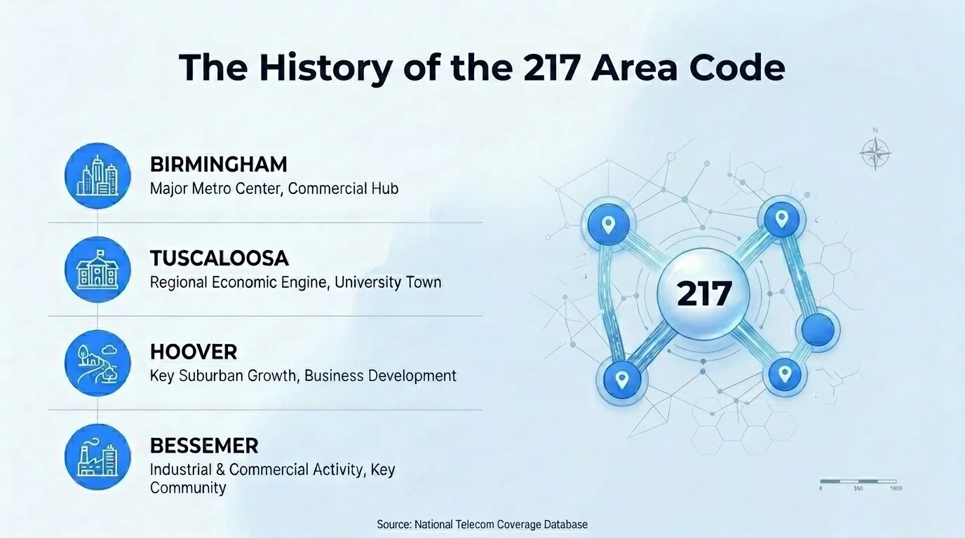 History of the 217 area code from its 1947 origins to the present day