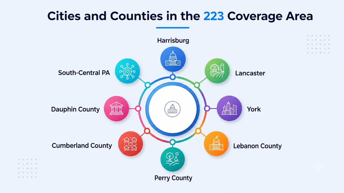 223 area code location — south-central Pennsylvania overlay map covering Lancaster, Harrisburg, York, and Pennsylvania Dutch Country