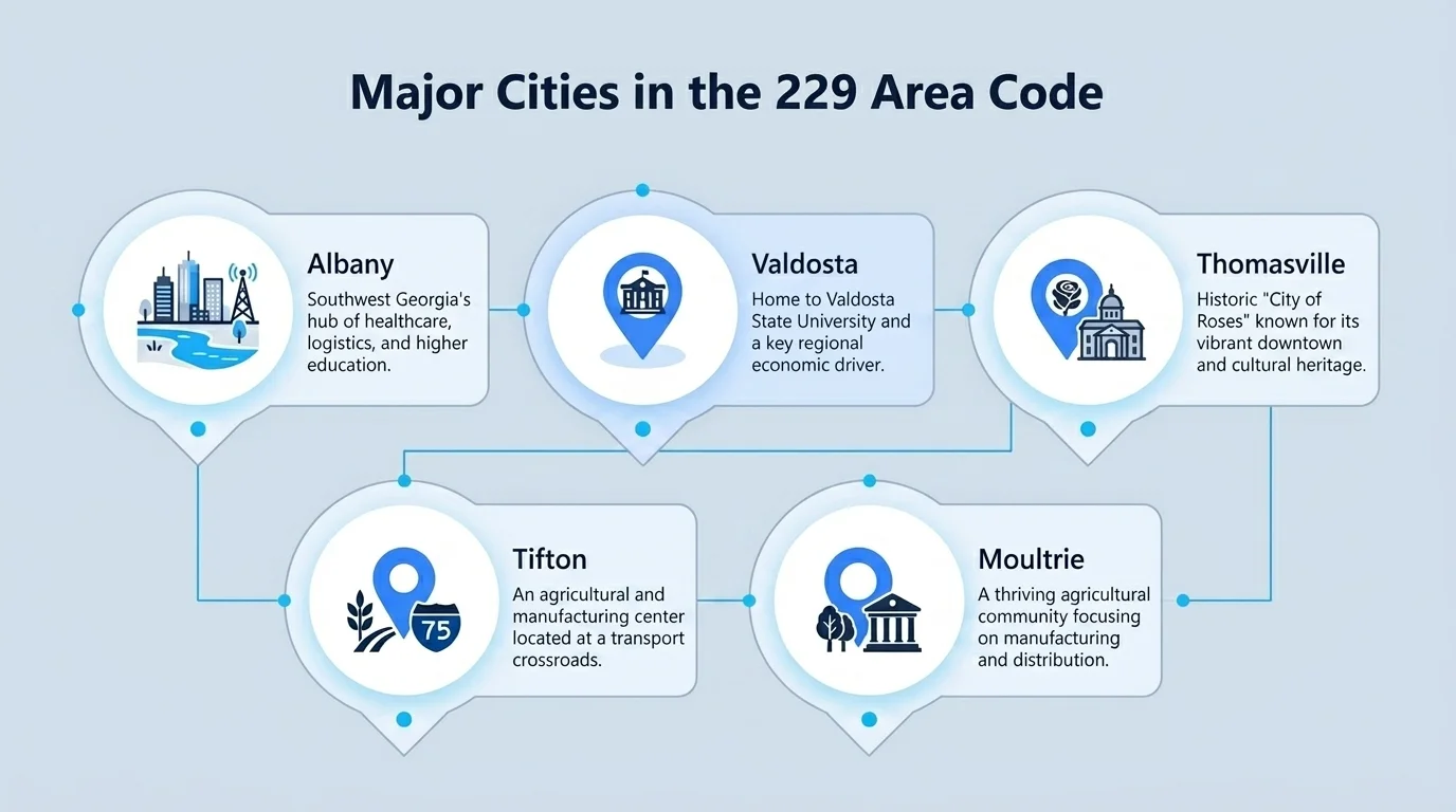 Major cities covered by the 229 area code in Southwest Georgia