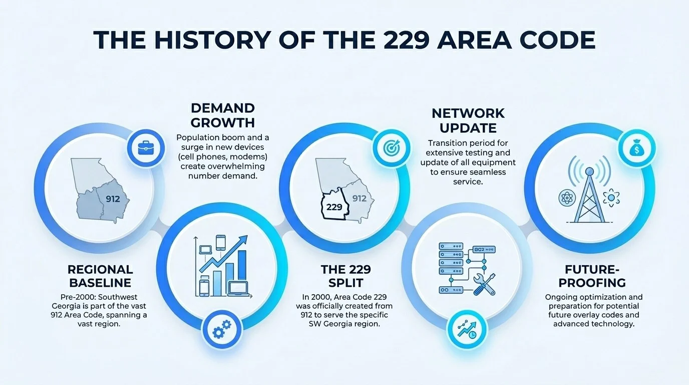 History of the 229 area code — created in 2000 from a split of the 912 area code