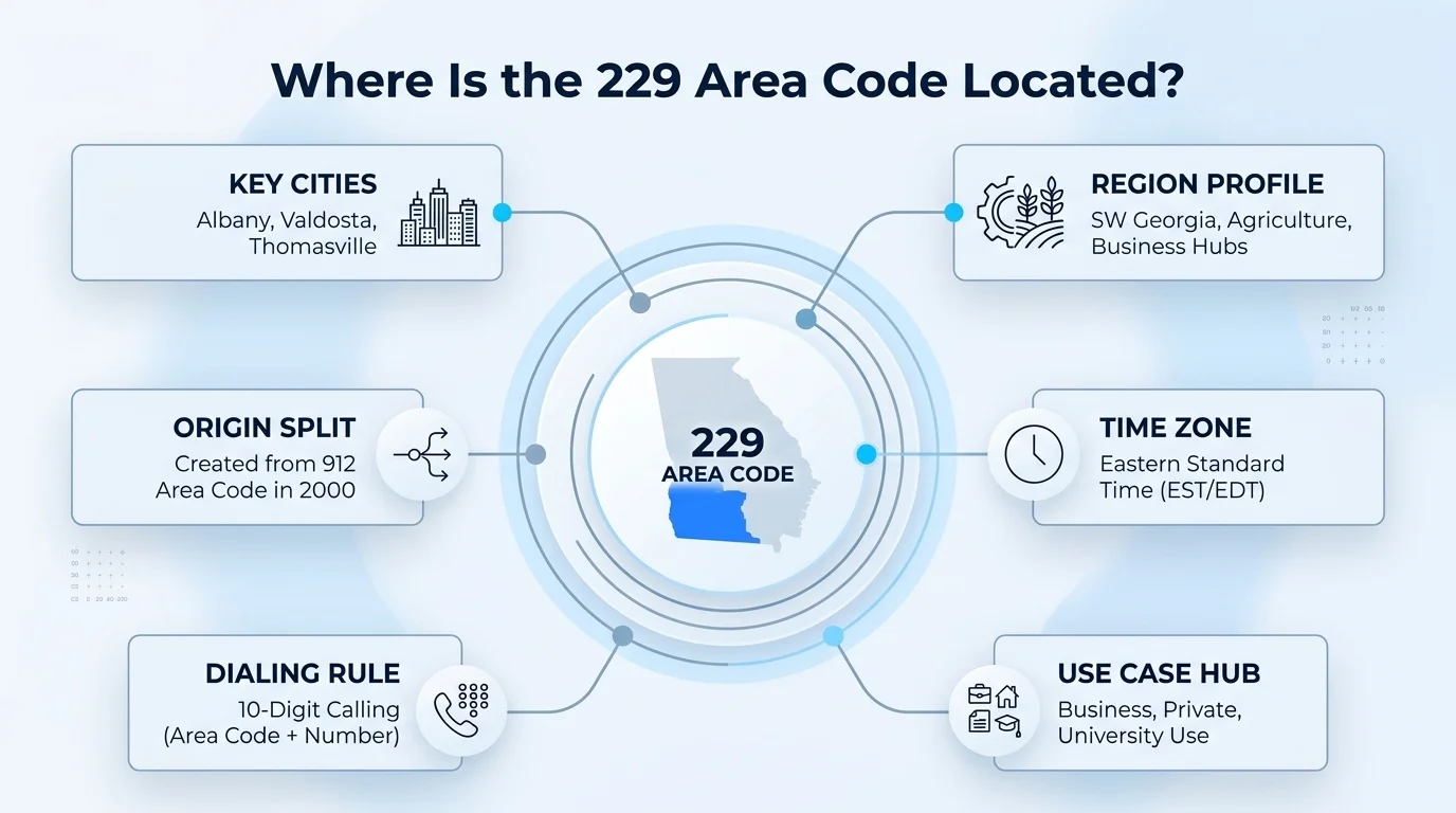 Map showing the 229 area code location across Southwest Georgia