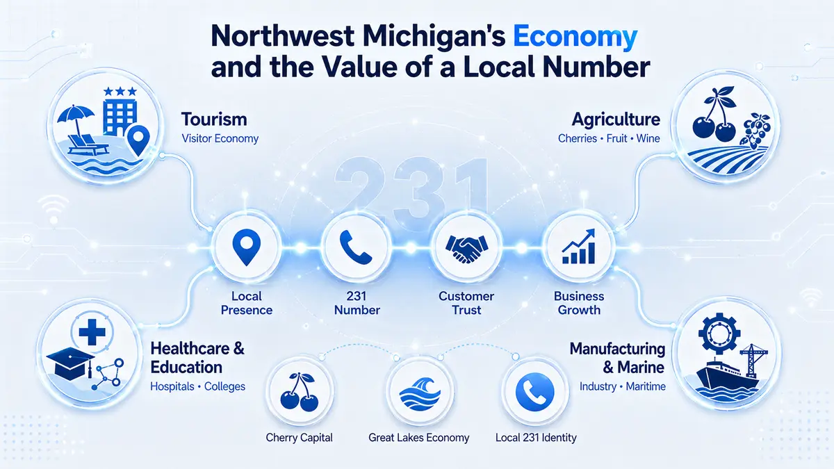 Traverse City cherry orchards and northwest Michigan wine country — the 231 area code's tourism and agricultural economy
