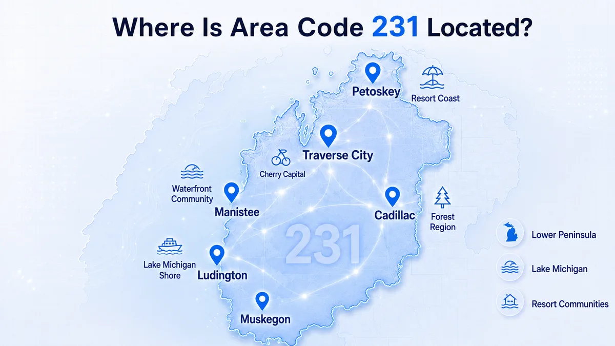 231 area code location map — northwest Michigan Lower Peninsula communities served by the 231 prefix from Muskegon to Petoskey
