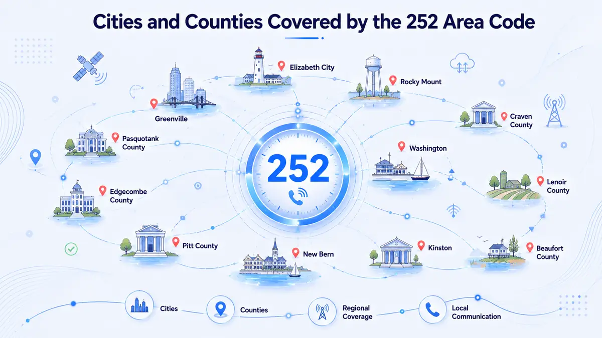 Map of cities covered by the 252 area code — eastern North Carolina including Greenville, Rocky Mount, Wilson, New Bern, Elizabeth City, and the Outer Banks