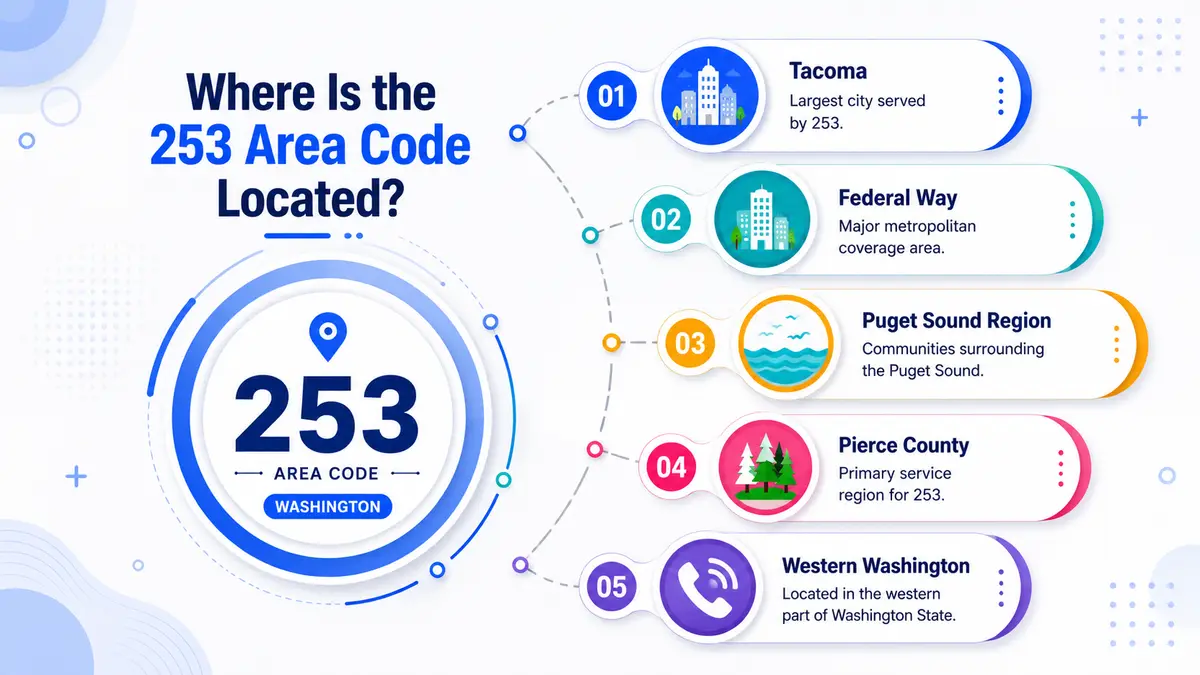 Map showing where the 253 area code is located — Tacoma, Pierce County and southern King County, Washington