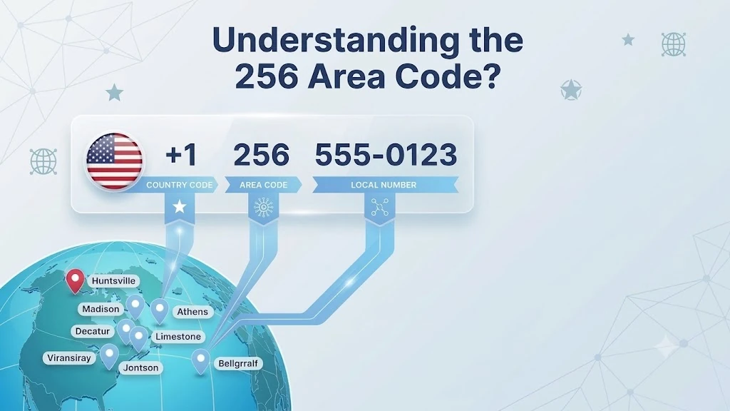 256 area code coverage map showing northern Alabama including Huntsville, Decatur, Florence and surrounding counties