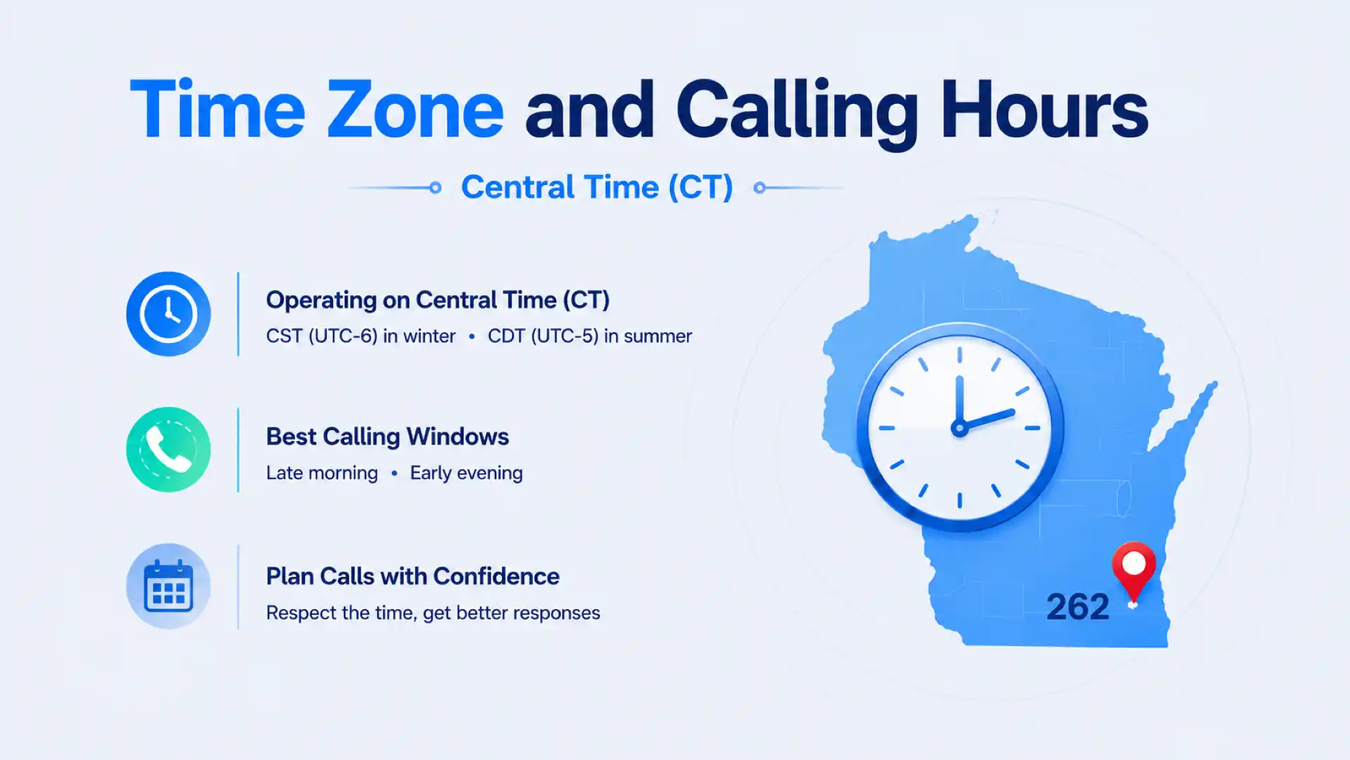 Time zone and calling hours for 262 numbers — Central Time, CST (UTC-6) in winter and CDT (UTC-5) in summer