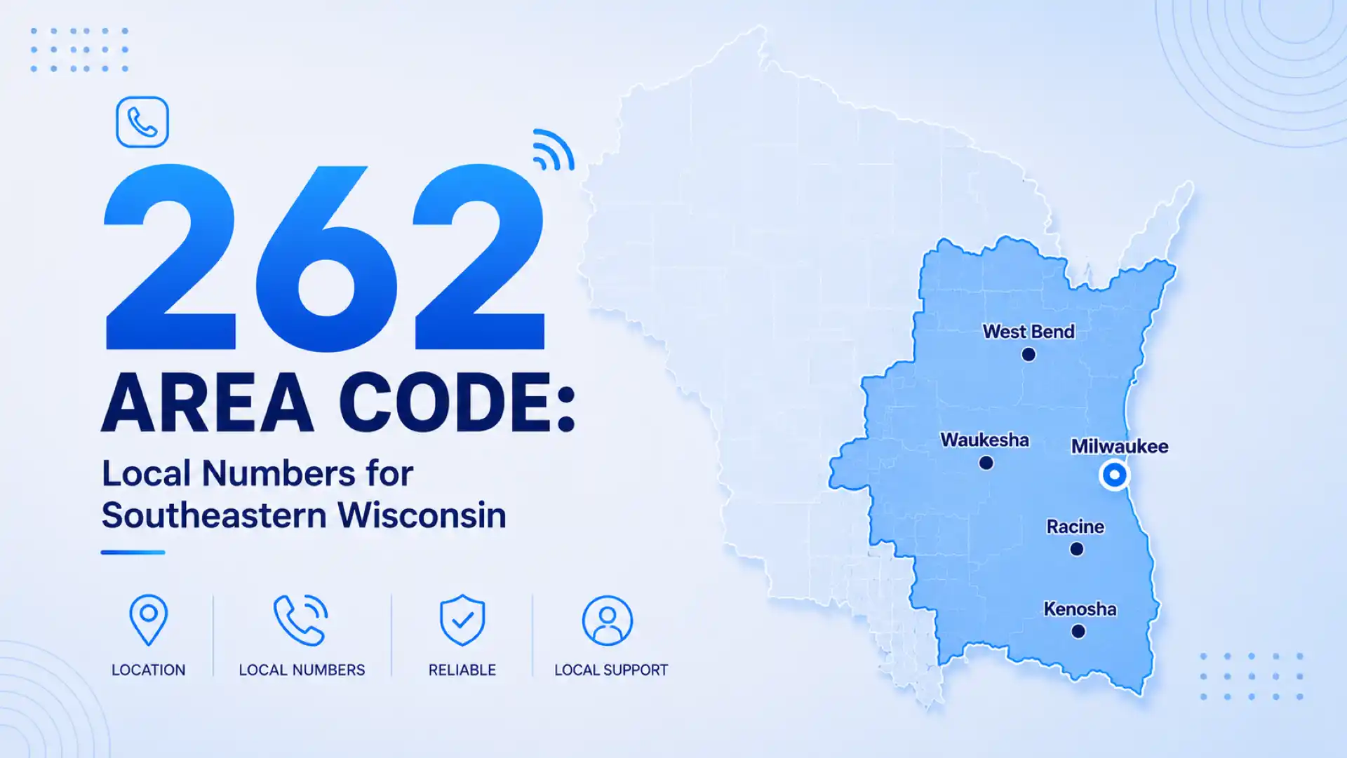 262 area code: local numbers for southeastern Wisconsin — coverage map showing West Bend, Waukesha, Milwaukee, Racine, and Kenosha