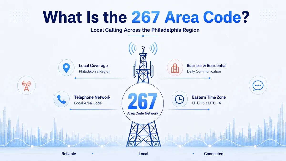 Map of cities covered by the 267 area code — southeastern Pennsylvania including Philadelphia, Doylestown, Norristown, West Chester, and Media across five counties