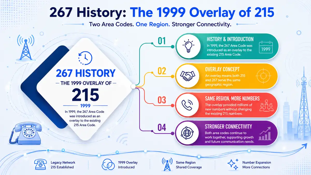 History of the 267 area code — timeline from the original 215 Philadelphia prefix to the 1999 overlay activation driven by mobile phone and internet dial-up growth