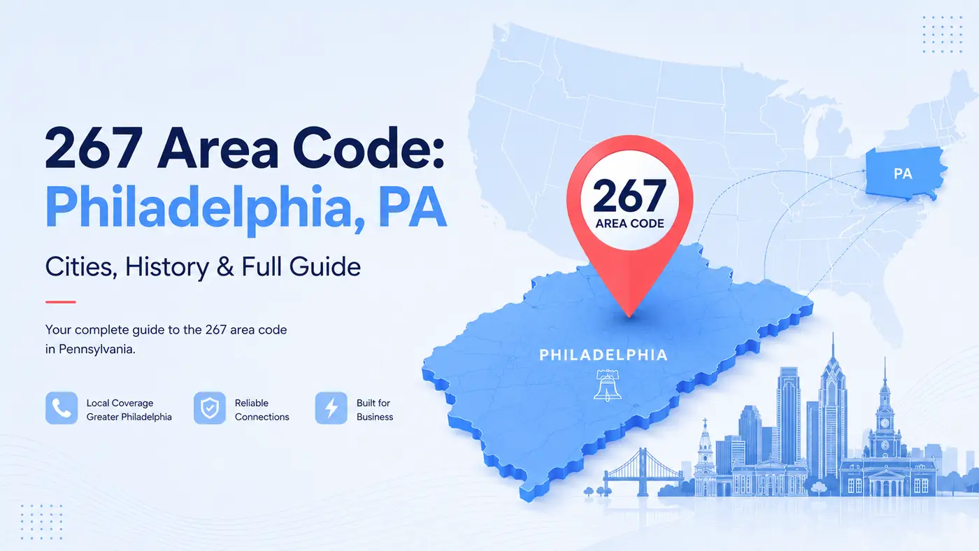 267 area code — southeastern Pennsylvania overlay map covering Philadelphia and Bucks, Montgomery, Delaware, and Chester counties