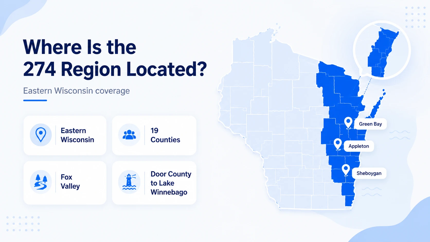 Where is the 274 region located — eastern Wisconsin, covering Green Bay, Appleton, Sheboygan, and the Fox Valley corridor