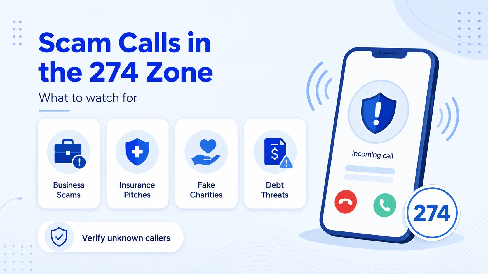 Scam calls from the 274 zone — common types include business impersonation, health insurance pitches, and fake charity drives