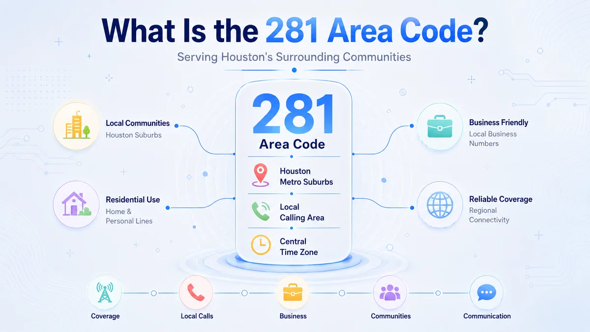 Map of cities covered by the 281 area code — Houston suburban ring including Pasadena, Sugar Land, Baytown, Pearland, League City, Friendswood, Spring, and Humble in Texas
