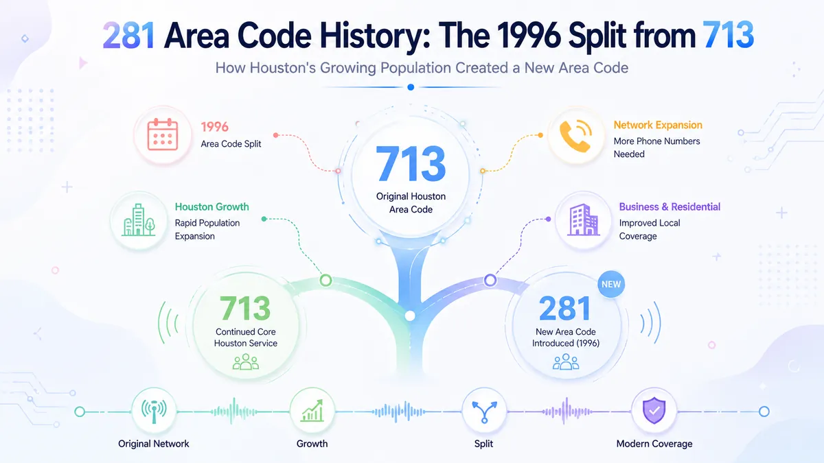 History of the 281 area code — timeline of the 1996 split from 713, the 1999 addition of 832 overlay, and the 2014 addition of 346 for the Houston metro