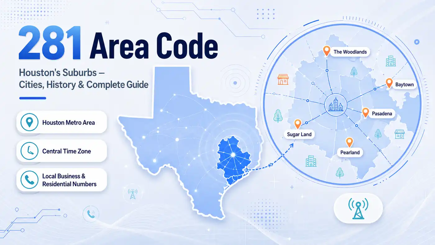 281 area code — Houston suburban ring map covering Pasadena, Sugar Land, Pearland, Baytown, League City, and Katy in Texas