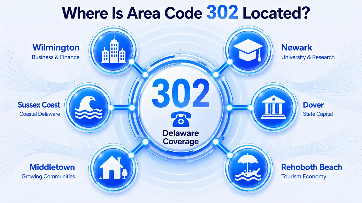 302 area code location map — Delaware state covered by the 302 prefix from Wilmington to Dover and Rehoboth Beach
