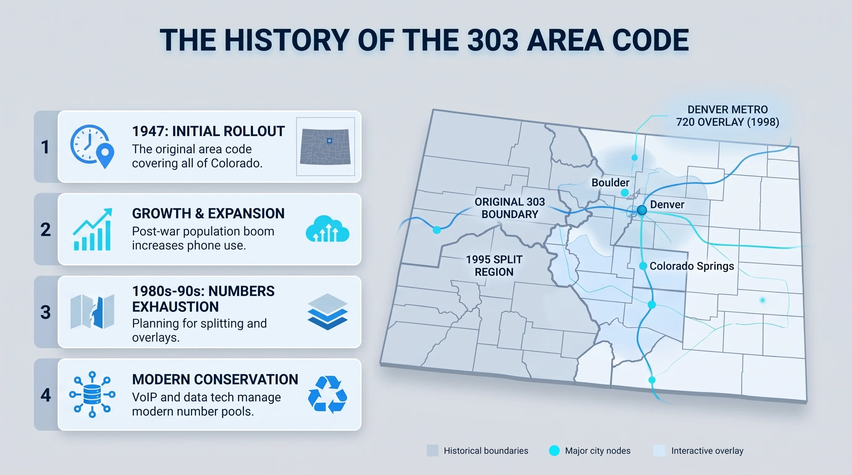 History of the 303 area code — established in 1947 as Colorado's original area code