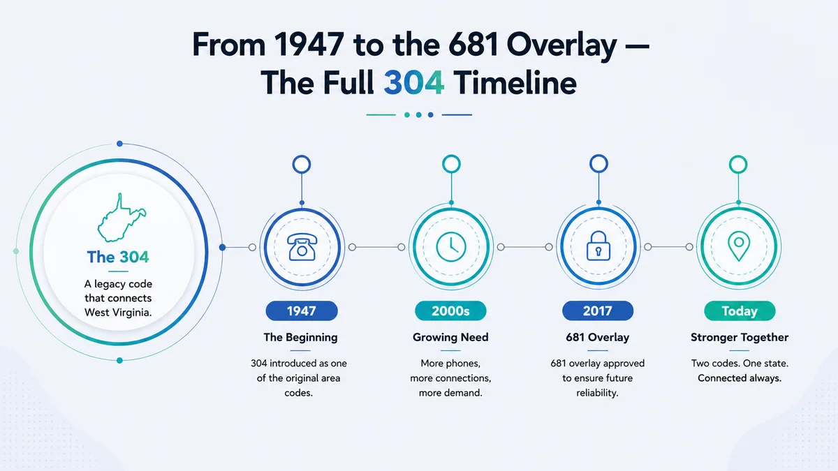 History of the 304 area code — from its 1947 creation covering all of West Virginia to the 681 overlay launched in 2018