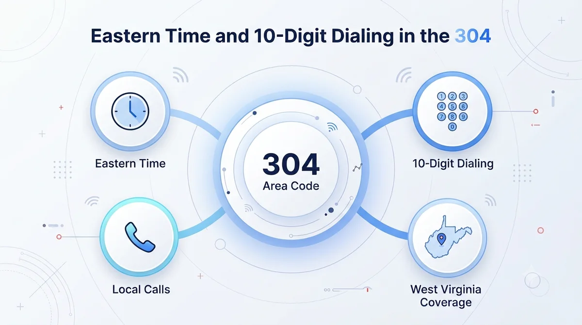 304 area code Eastern Time zone — same as New York and Washington D.C. — and mandatory 10-digit dialing since 2019