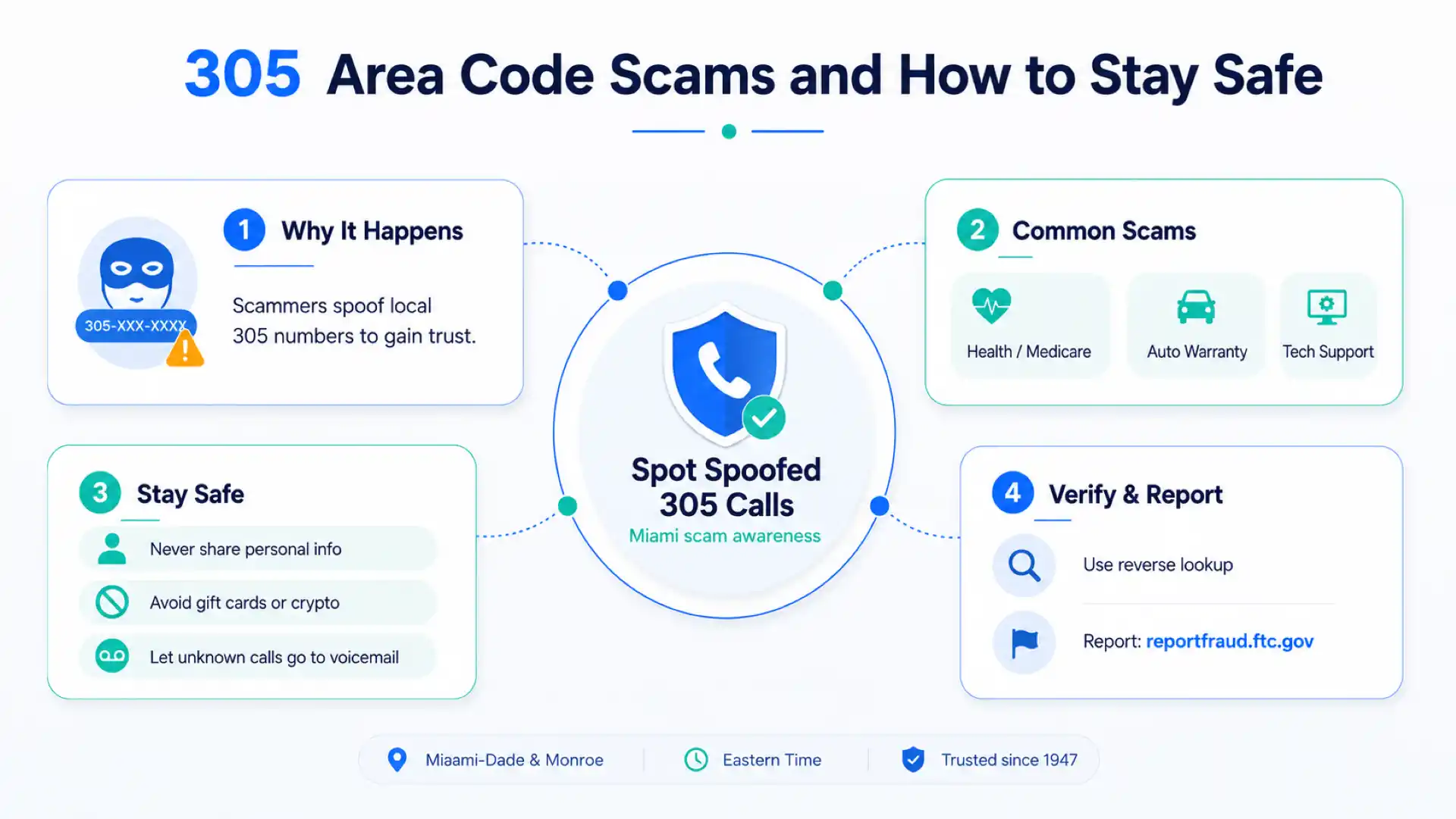 305 area code scams and how to stay safe — spot spoofed 305 calls, watch for health, auto warranty, and tech support scams, and report fraud to the FTC