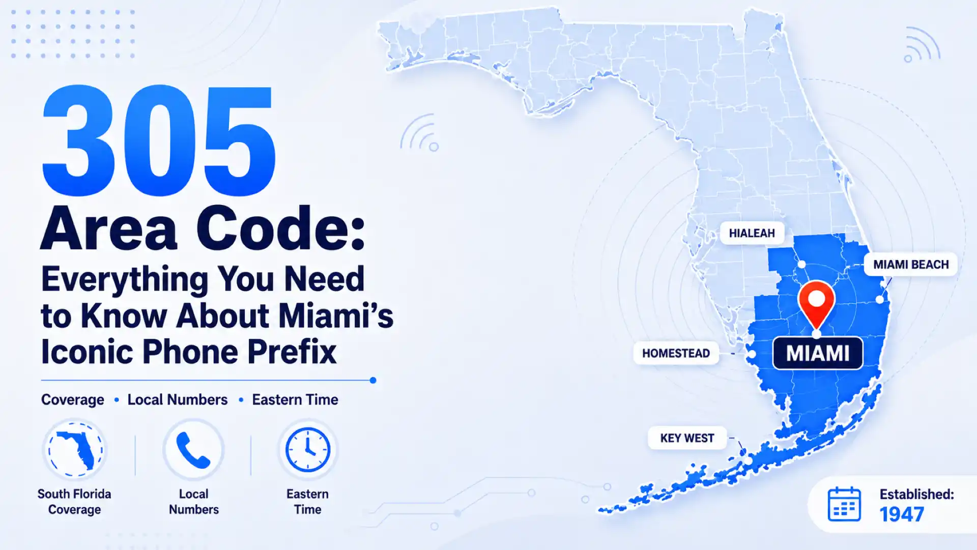305 Area Code: Everything You Need to Know About Miami’s Iconic Phone Prefix — South Florida coverage map showing Miami, Hialeah, Miami Beach, Homestead, and Key West