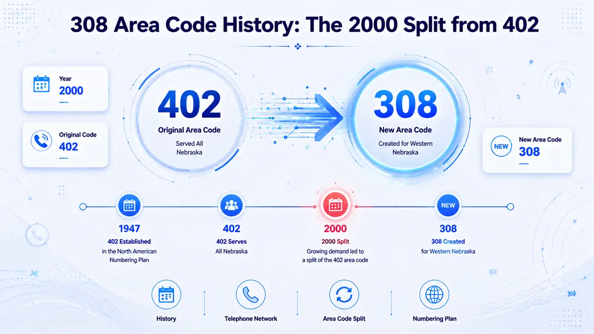 History of the 308 area code — timeline from the original 402 Nebraska prefix to the November 2000 geographic split creating 308 for western and central Nebraska