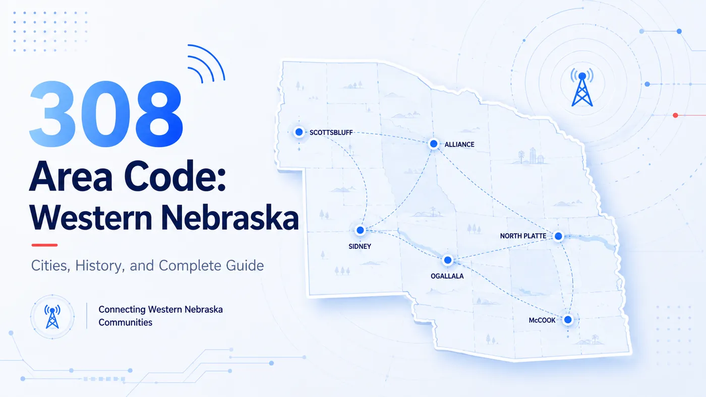 308 area code — western Nebraska map covering Grand Island, Kearney, North Platte, Scottsbluff, Alliance, and the High Plains panhandle