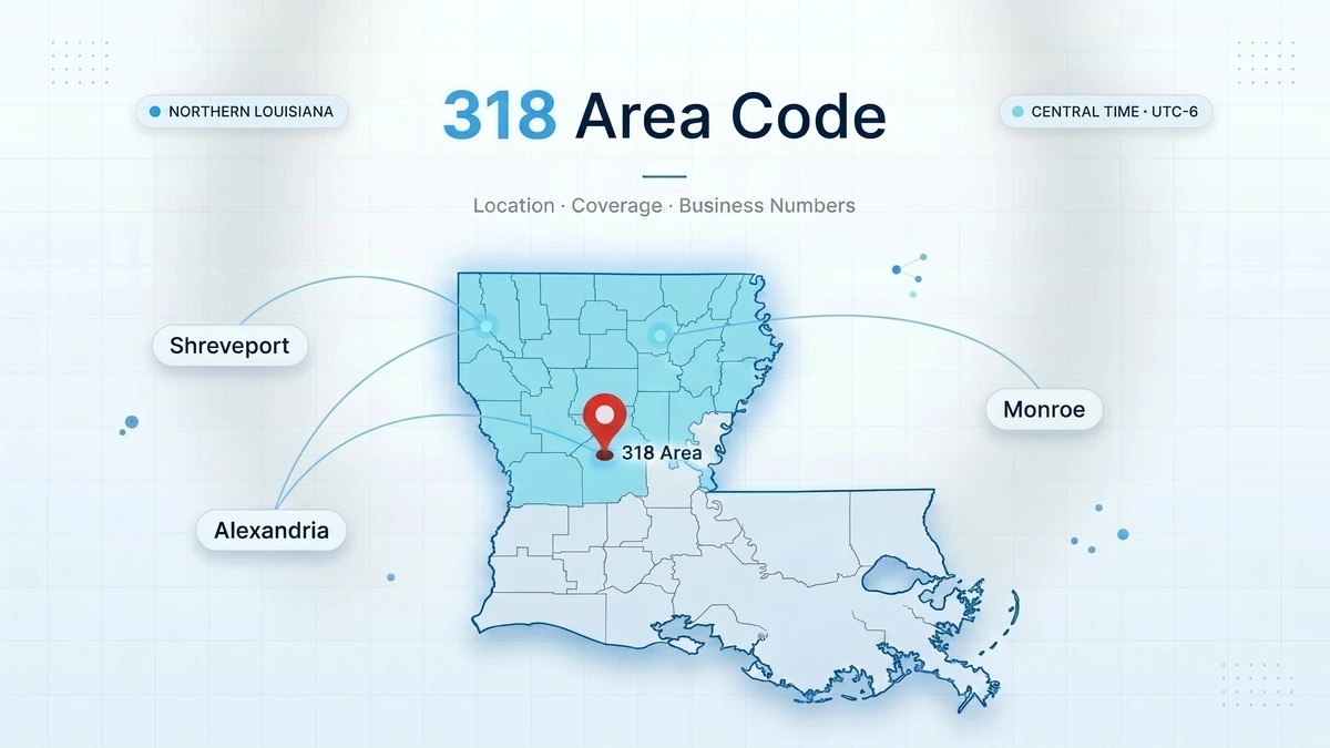318 area code — northern and central Louisiana location map showing Shreveport, Monroe, Alexandria and coverage