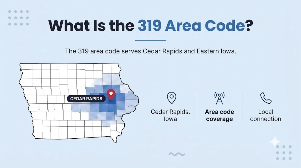 319 area code coverage map showing eastern Iowa including Cedar Rapids and Iowa City